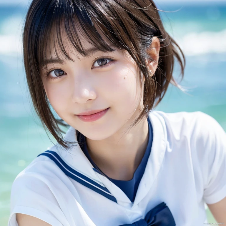 (highest quality), (Detailed skin:1.3), (Intricate details), (highest quality,masterpiece:1.3,Ultra-high resolution),(Very detailed,Caustics,8k),(Realistic:1.4,RAW shooting),Detailed skin texture, Scattered beneath the surface, dramatic,18-year-old,Japanese,cute,Black short hair,I'm looking at the camera with a smile on my face,Sailor suit,forward leaning posture,(Face Focus:1.1),(Face close-up:1.1),(Low position::1.3),(Low Angle::1.3),blue sky,Natural light