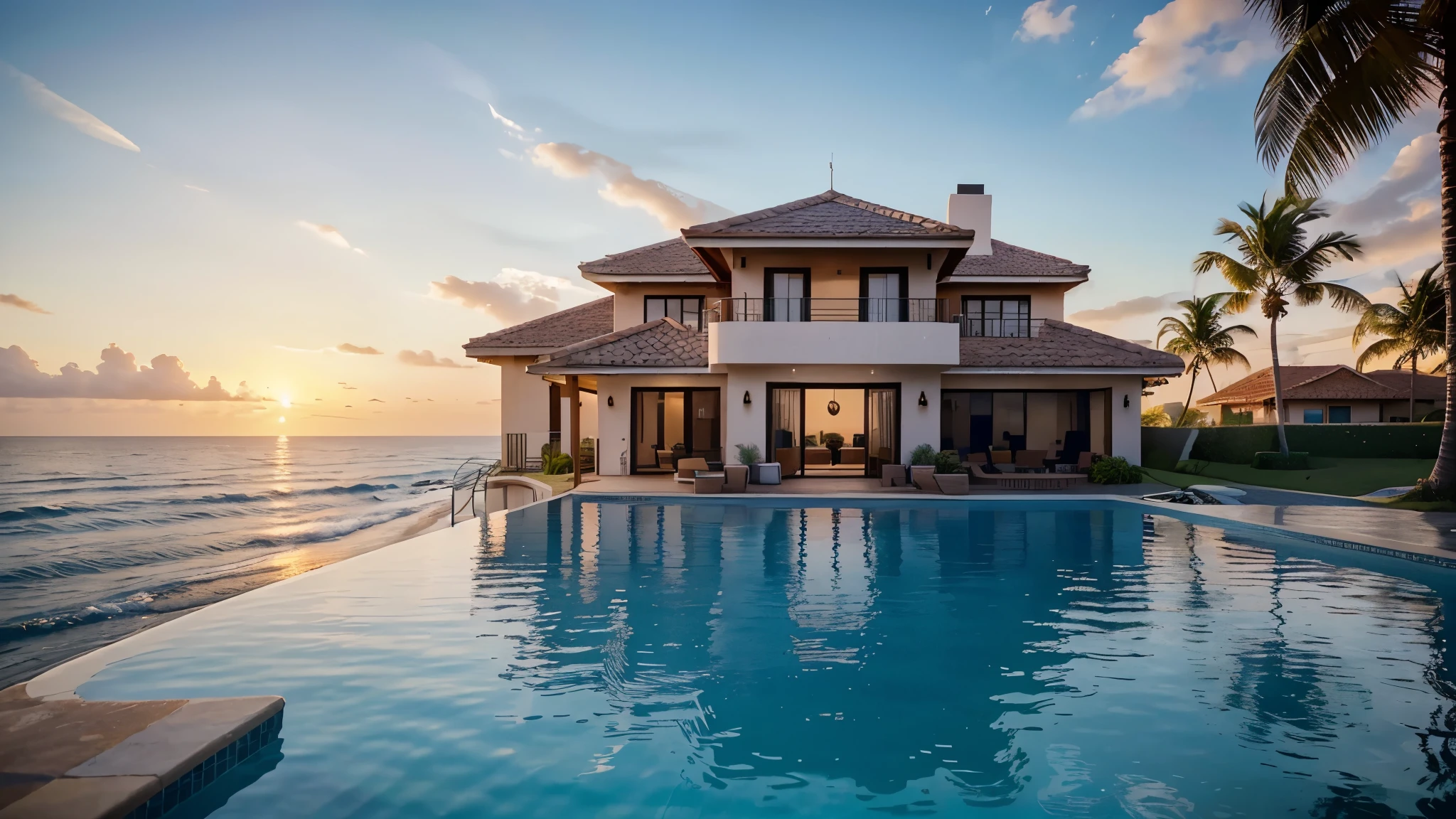 A beautiful, charming house, the view from inside is just behind it, this house has an infinity pool and just beyond the sea with its waves crashing on the beach and the sunset. The wind gently swaying the waters and palm trees, 8k rendering, landscape, rendered