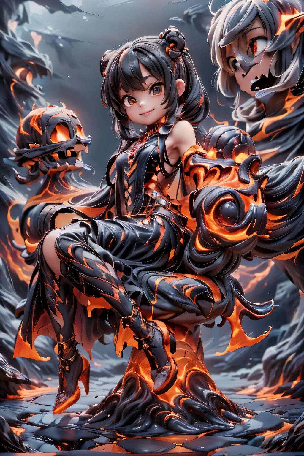 a demon girl smiling (magic lava clothes), clothes made entirely of lava, (magic lava dress), (magic lava heels), (heels made entirely of lava), lava hair, hair made of lava, sitting on a giant ((skull made of lava)), (((sfw))), dynamic angle