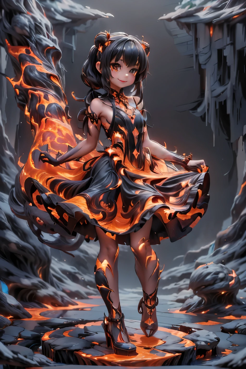 a demon girl smiling (magic lava clothes), clothes made entirely of lava, (magic lava dress), (magic lava heels), (heels made entirely of lava), lava hair, hair made of lava, standing in sexy pose (((sfw))), dynamic angle