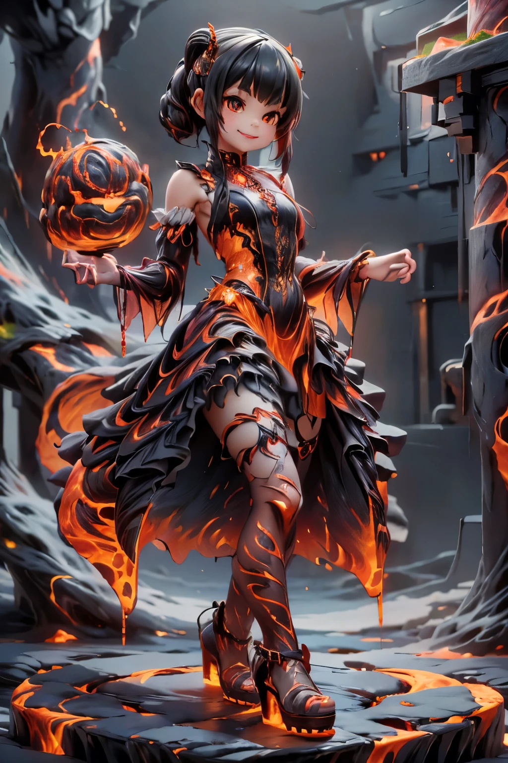 a demon girl smiling (magic lava clothes), clothes made entirely of lava, (magic lava dress), (magic lava heels), (heels made entirely of lava), lava hair, hair made of lava, (adjusting her heels), (((sfw))), dynamic angle