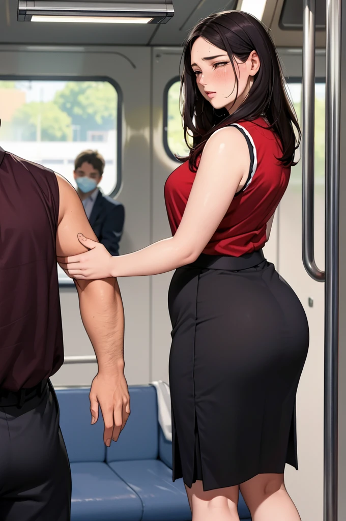 (dark madder red blouse,sleeveless,arms-baring:1.3),sideshot,black and long flare skirt,(man and woman standing,man grabbing woman's ass:1.3),,thick arms,single mole on cheek,black hair,voluminous hair,unkempt hair,plump tall woman,(blushed and crying),27 years old,(fair skin:1.3),(cute eyes,tareme),plump oval face,light makeup, in train,skirt lifted,