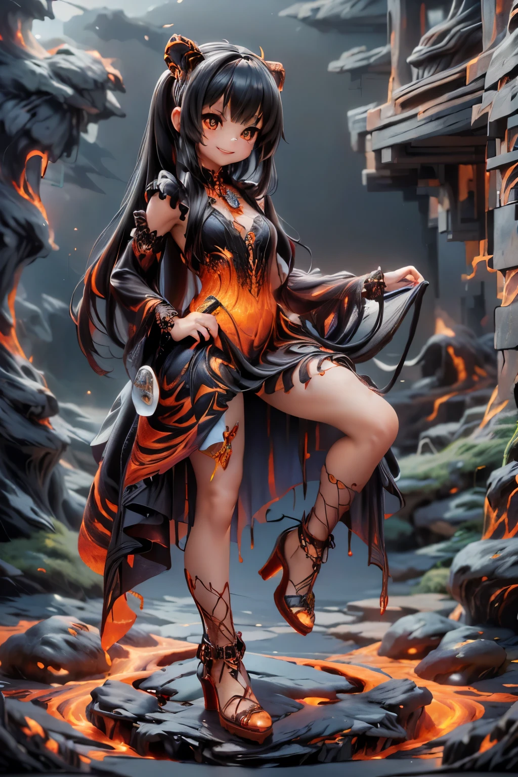 a demon girl smiling (magic lava clothes), clothes made entirely of lava, (magic lava dress), (magic lava heels), (heels made entirely of lava), lava hair, hair made of lava, (adjusting her footwear), (((sfw))), dynamic angle