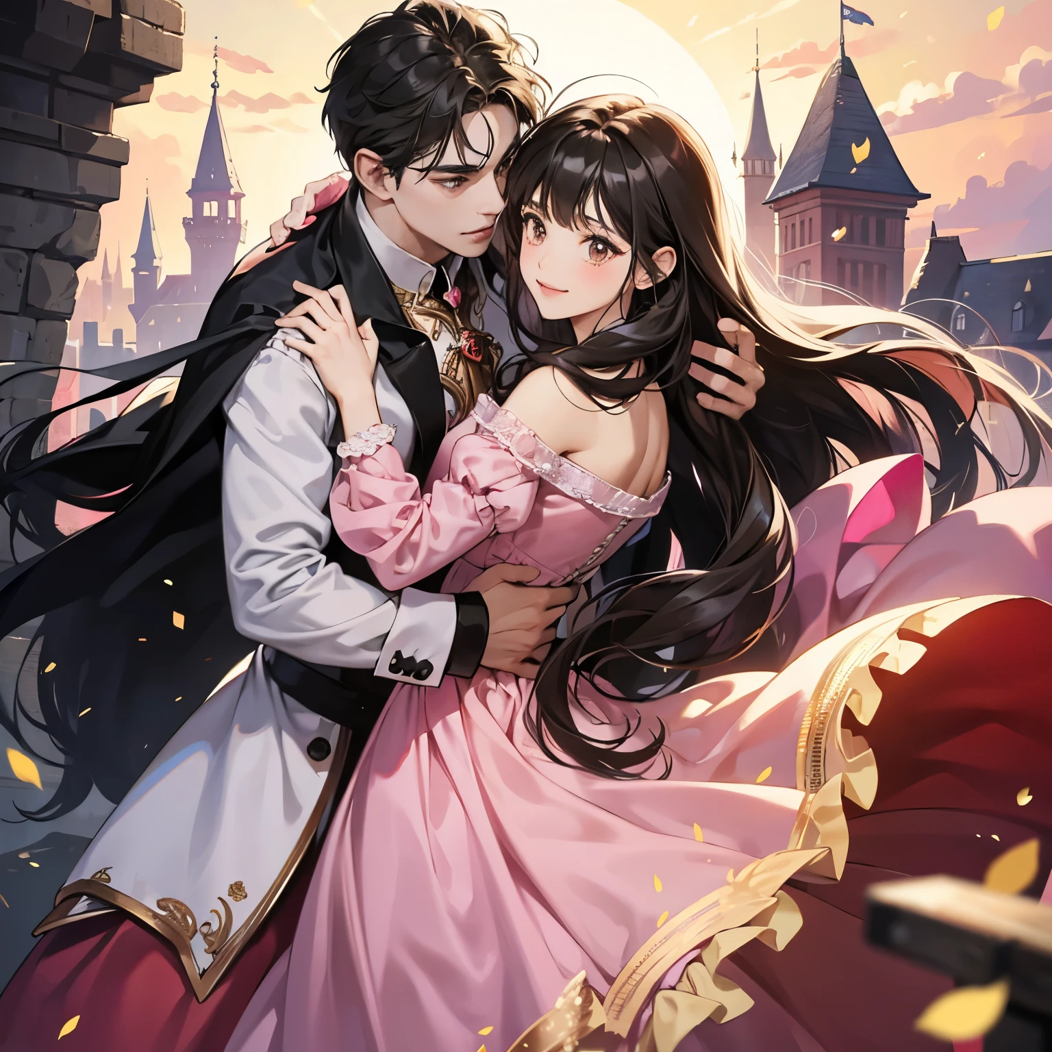 A princess, black long hair, brown eyes, pink dress, dancing with a man in a castle