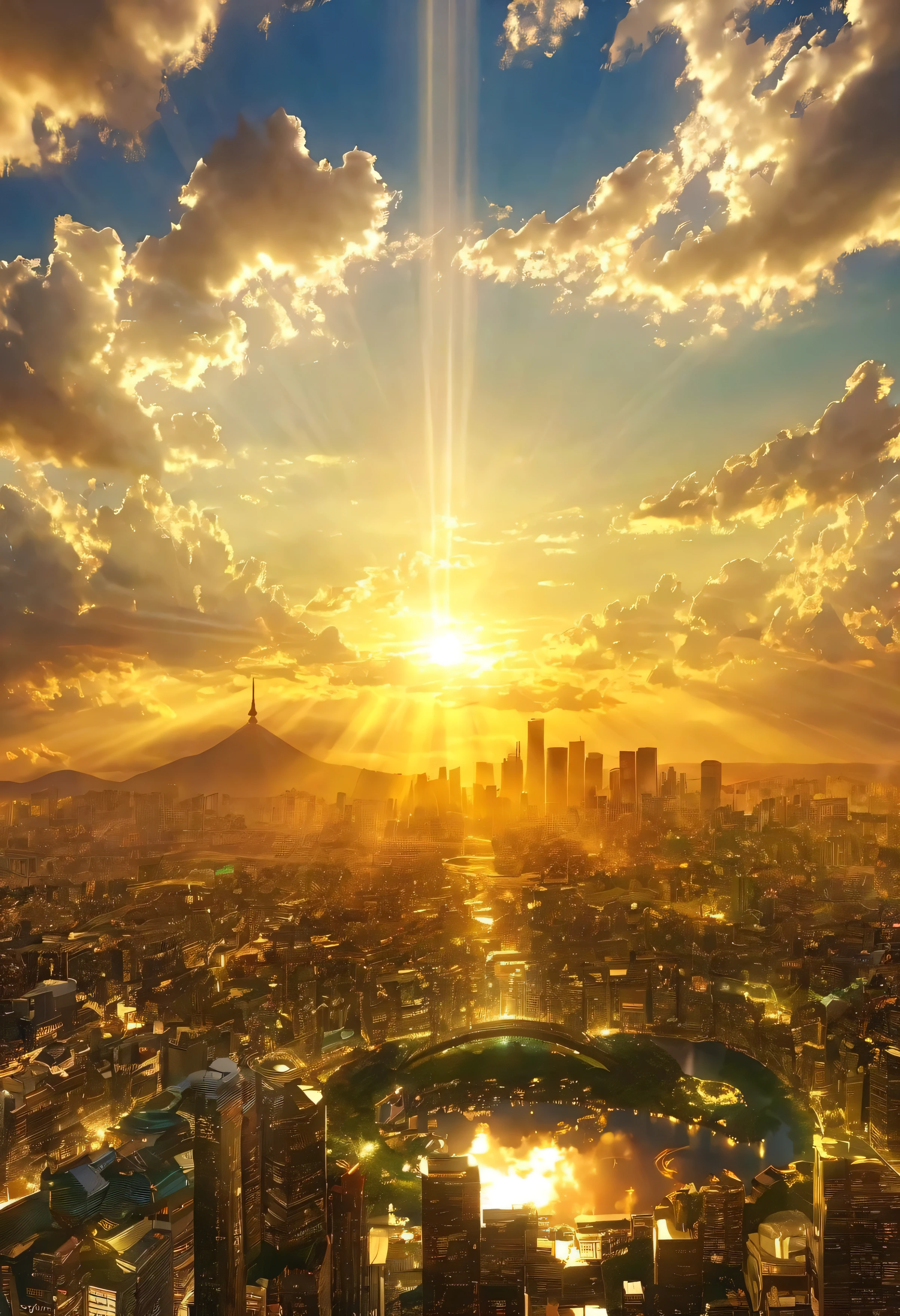 A mystical city rising into the sky、Digital Art, The clouds clear and the shining sun appears, On Ascension Day，Golden Sun、Cities in the sky、god々Utopia of、There is one relic。God floating in the air々Our Sky Garden、Angel Ladder、