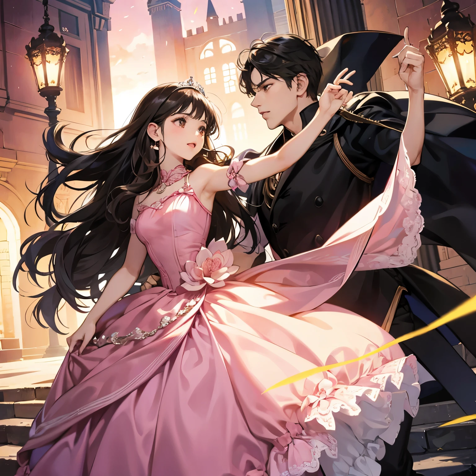 A princess, black long hair, brown eyes, pink dress, dancing with a man in a castle