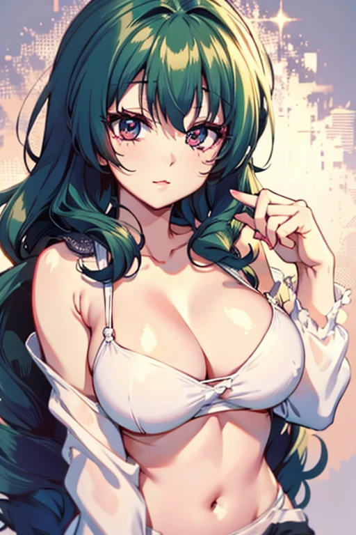 age girl with short wavy pastel green hair, big red eyes, full lips, soft skin, hard gaze, with a hero aura.