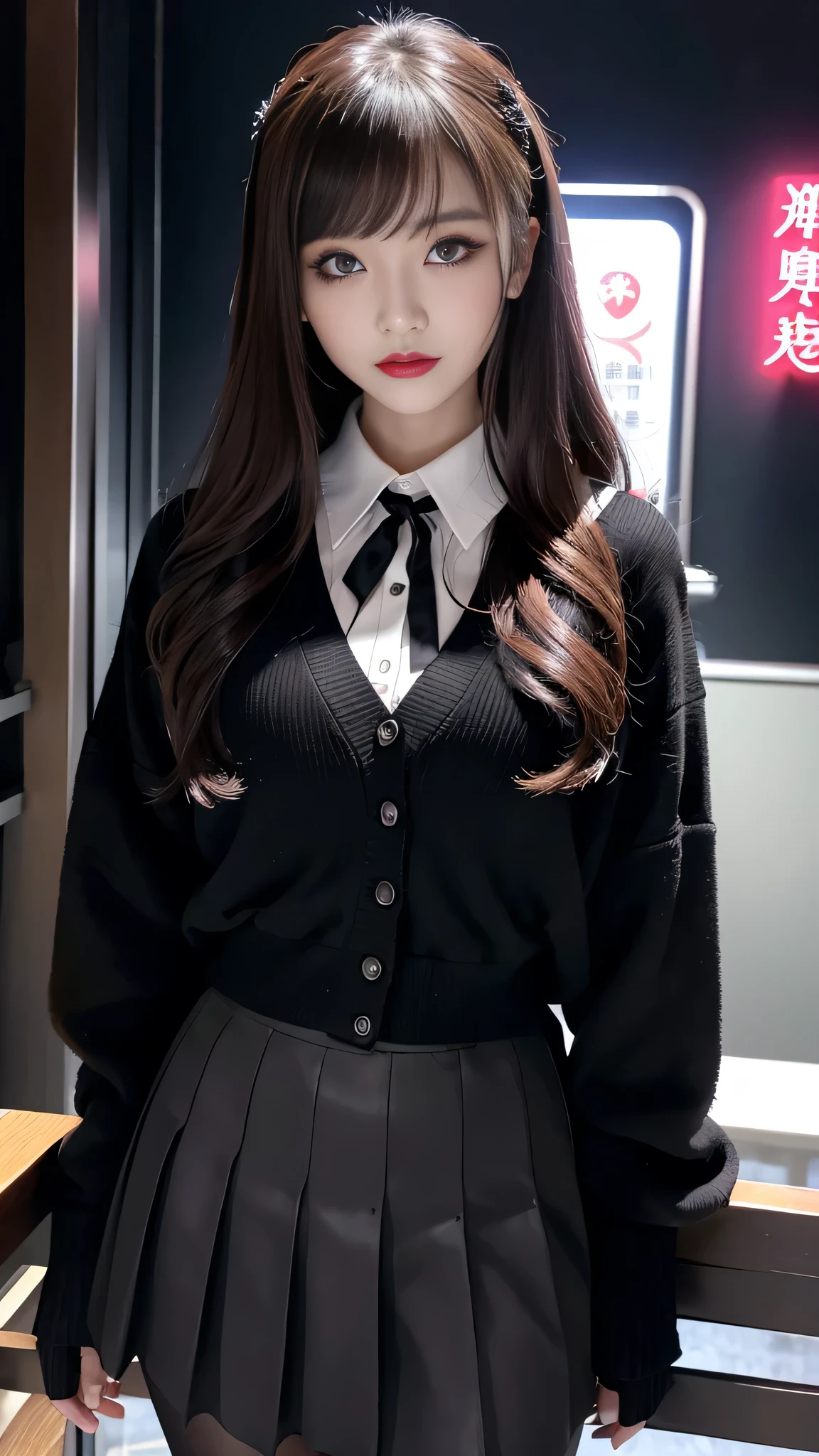 best quality、ultra-detailed、4k、Japanese、Seductive beauty、seductive adult woman、Pretty Woman、cool girl、Villainess、Brainwashed、brainwash、Fallen into evil、smirk、Evil look、Wicked Smile、evil、Brown hair、wavy hair、swept bangs、dark makeup、dark makeup、piercing eyes、hollow eyes,half-closed eyes、Hollow Eyes、purple Eyeshadow、black lipstick、black lipglos、student、uniform、Black cardigan、White Shirt、Black Ribbon、flare skirt、pantyhose、night、inside darkroom、Applying lipstick、Emblem of Evil、Crest of Darkness、Swear allegiance、I have pledged my allegiance、Dye black、Blackening、Stained with evil、Dyed in darkness、Seduce