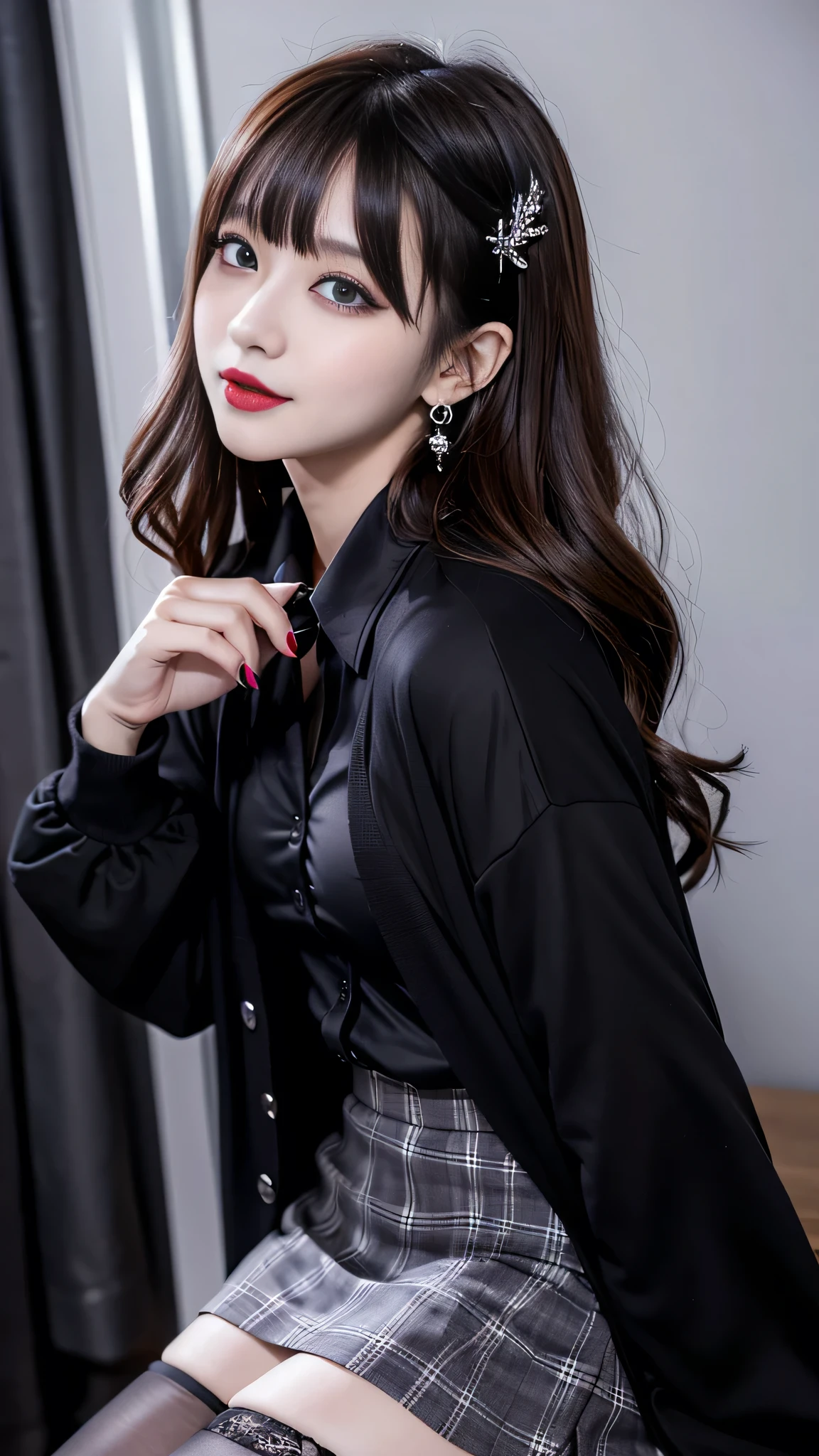 best quality、ultra-detailed、4k、Japanese、Seductive beauty、seductive adult woman、Pretty Woman、cool girl、Villainess、Brainwashed、brainwash、Fallen into evil、smirk、Evil look、Wicked Smile、evil、Brown hair、wavy hair、swept bangs、dark makeup、dark makeup、piercing eyes、hollow eyes,half-closed eyes、Hollow Eyes、purple Eyeshadow、black lipstick、black lipglos、student、uniform、Black cardigan、White Shirt、Black Ribbon、flare skirt、pantyhose、night、inside darkroom、Applying lipstick、Emblem of Evil、Crest of Darkness、Swear allegiance、I have pledged my allegiance、Dye black、Blackening、Stained with evil、Dyed in darkness、Seduce