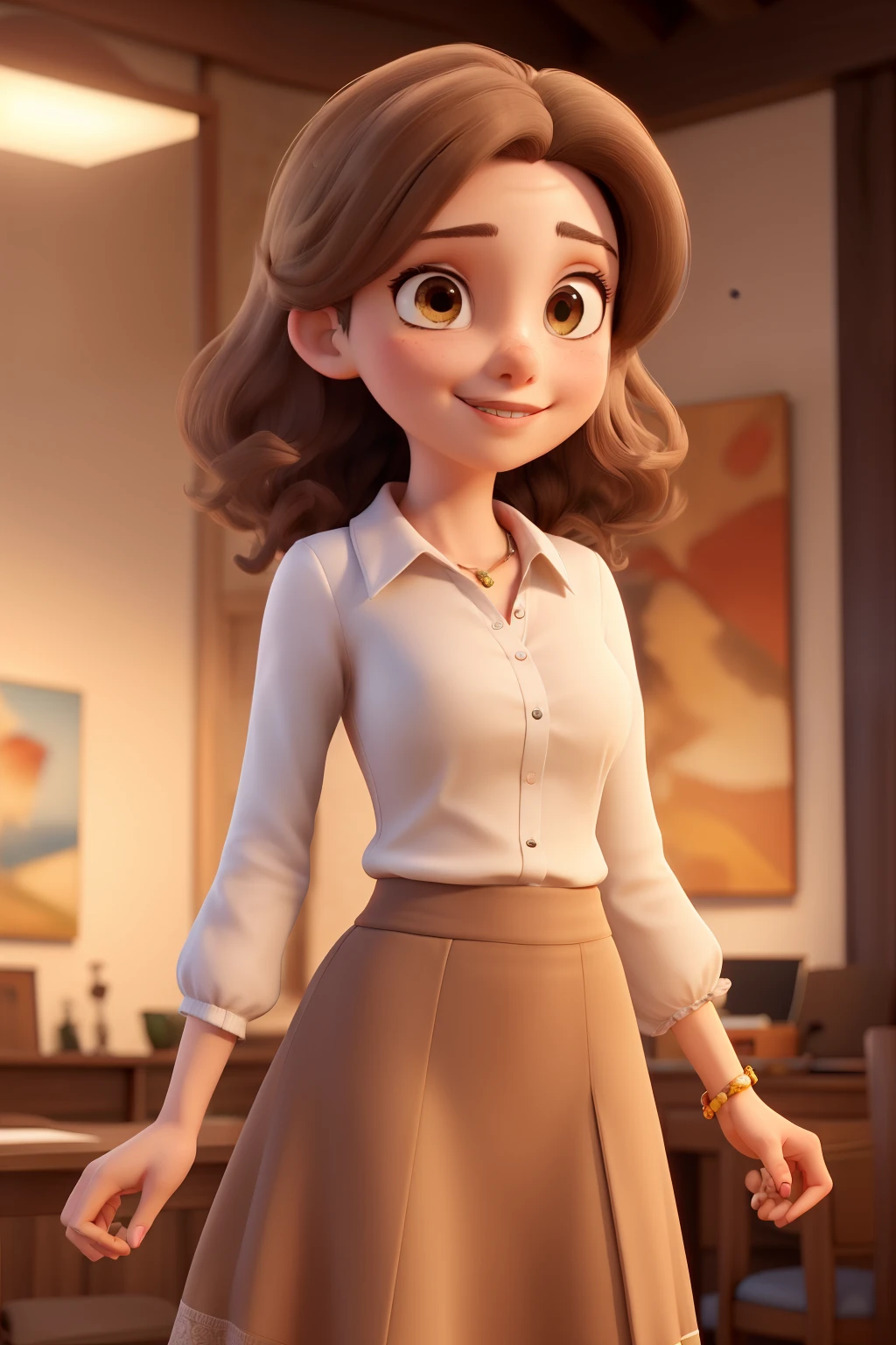 ((melhor qualidade)), ((obra de arte)), (detalhado), perfect face girl light brown hair sleeve blouse long skirt