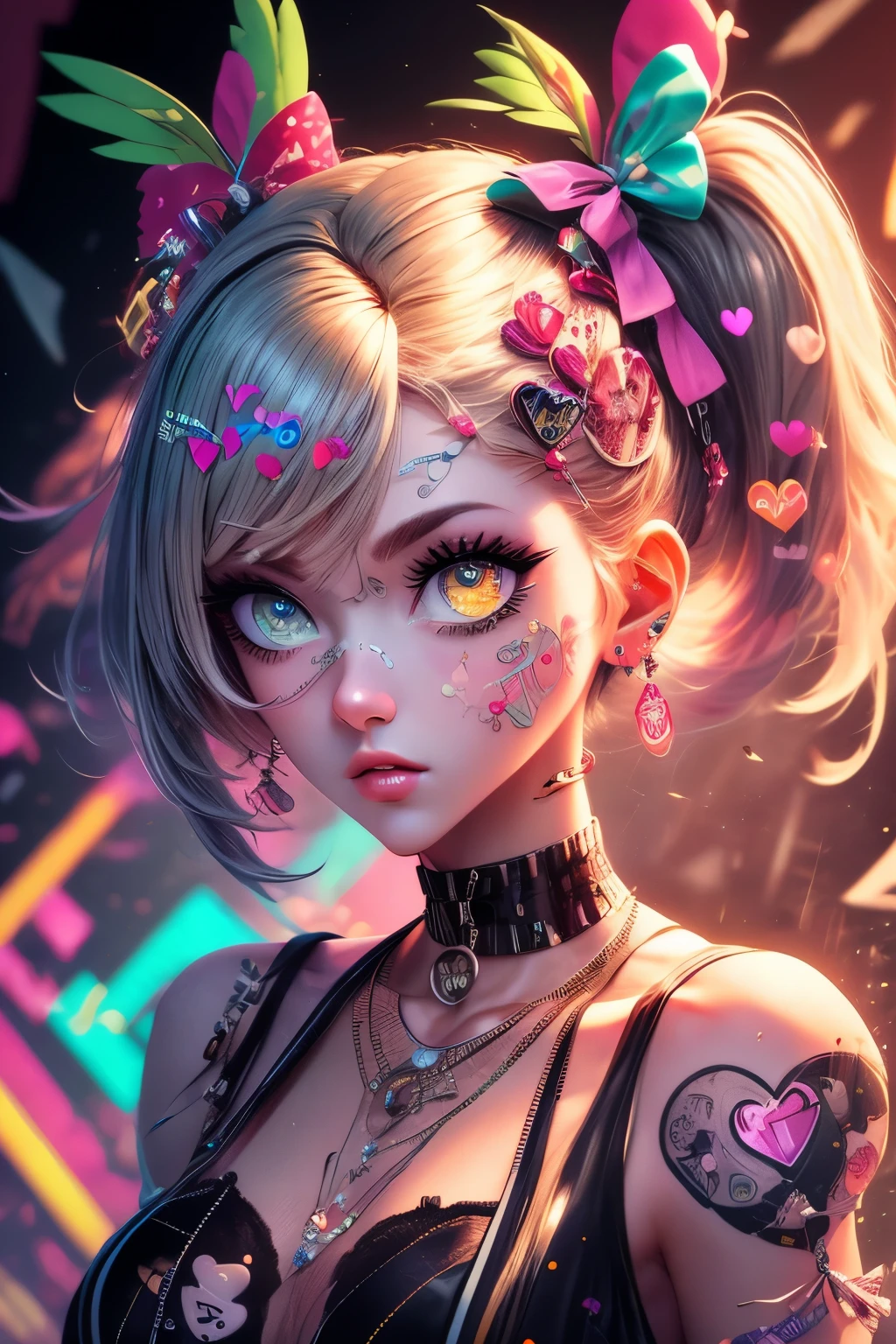 This is a Harajuku street-style masterpiece with extreme detail. Generate a trendy ((decora)) cyberpunk woman (standing) in the colorful and chaotic streets of Akihabara, Tokyo in the style of decora street style. The woman's decora and Harajuku street clothes are vibrant, with a mix of textures, neon colors, and inventive layering. Include oversized accessories like cute heart stickers on the woman's face, colorful hair clips and ribbons in different colors and sizes, and dynamic jewelry. (Her eyes are important) and should be symmetrical and detailed with interesting coloring and patterns. Include (iridescence) and (shimmer), glittering light, glowing neon signs, LED lights, (ultra detailed), dynamic composition