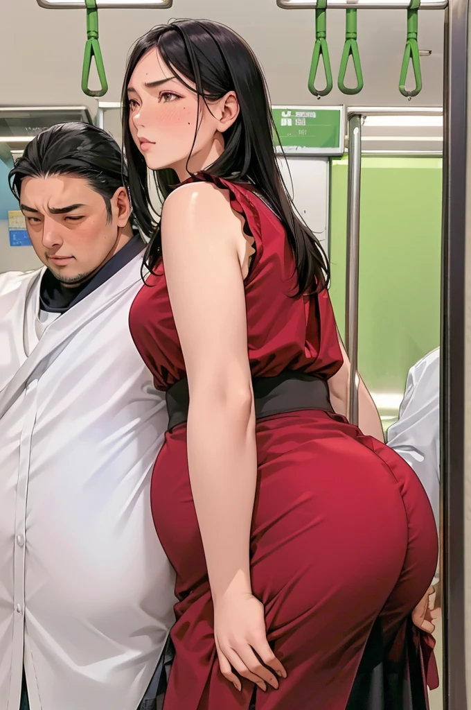 (dark madder red blouse,sleeveless,arms-baring:1.3),sideshot,from behind,(naughty undies:1.4),(lifted and revealing skirt),thick arms,(pov hands on buttocks,groping woman,ass grab,:1.7),sweaty,single mole on cheek,black hair,voluminous hair,unkempt hair,plump tall woman, (blushed and suffering:1.2),27 years old,(fair skin:1.3),(cute eyes,tareme),plump oval face,light makeup,standing in train,leaning on train door,,skirt lifted,