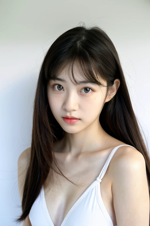 Real, highest quality, girl, high school girl, high resolution, natural skin, portrait, looking at camera, Photo_Light, {{}}, Ulzzang-6500-v1.1:0.8 Forward facing, upright, no makeup, inorganic white wall indoors In front of her, big eyes, swimsuit