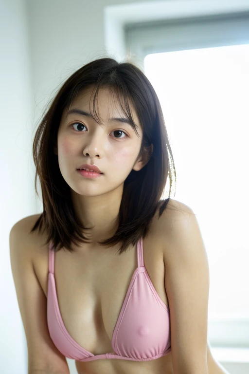 Real, highest quality, girl, high school girl, high resolution, natural skin, portrait, looking at camera, Photo_Light, {{}}, Ulzzang-6500-v1.1:0.8 Forward facing, upright, no makeup, inorganic white wall indoors In front of her, big eyes, swimsuit