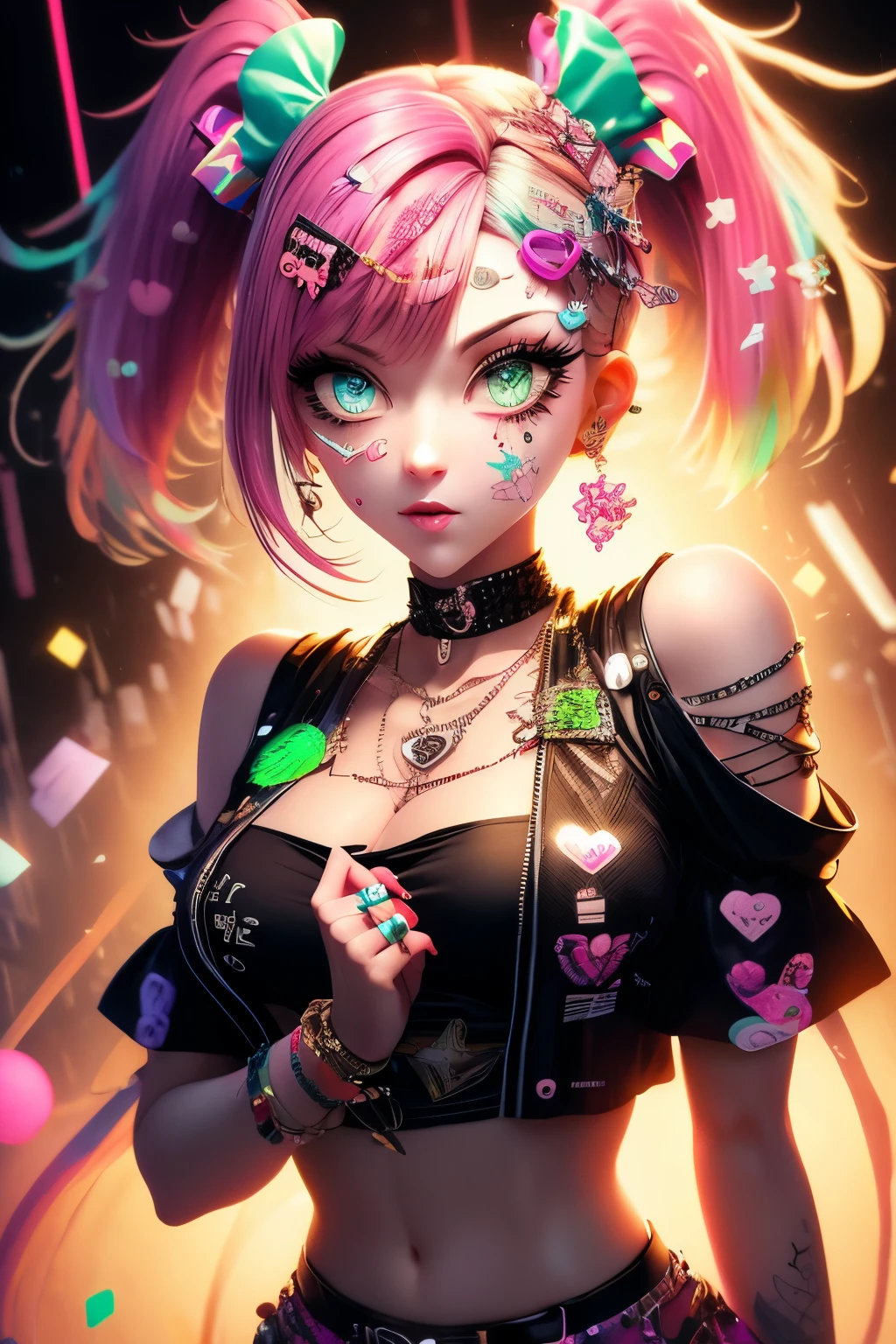 This is a Harajuku street-style masterpiece with extreme detail. Generate a trendy ((decora)) cyberpunk woman (standing) in the colorful and chaotic streets of Akihabara, Tokyo in the style of decora street style. The woman's decora and Harajuku street clothes are vibrant, with a mix of textures, neon colors, and inventive layering. Include oversized accessories like cute heart stickers on the woman's face, colorful hair clips and ribbons in different colors and sizes, and dynamic jewelry. (Her eyes are important) and should be symmetrical and detailed with interesting coloring and patterns. Include (iridescence) and (shimmer), glittering light, glowing neon signs, LED lights, (ultra detailed), dynamic composition