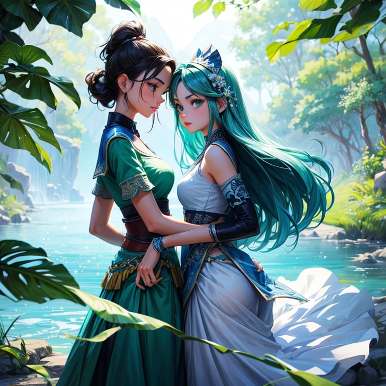 Genera un dibujo de dos chicas azul y jade