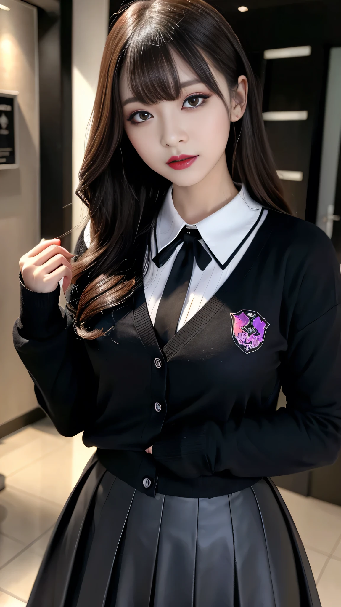 best quality、ultra-detailed、4k、Japanese、Seductive beauty、seductive adult woman、Pretty Woman、cool girl、Villainess、Brainwashed、brainwash、Fallen into evil、smirk、Evil look、Wicked Smile、evil、Brown hair、wavy hair、swept bangs、dark makeup、dark makeup、piercing eyes、hollow eyes,half-closed eyes、Hollow Eyes、purple Eyeshadow、black lipstick、black lipglos、student、uniform、Black cardigan、White Shirt、Black Ribbon、flare skirt、pantyhose、night、inside darkroom、Applying lipstick、Emblem of Evil、Crest of Darkness、Swear allegiance、I have pledged my allegiance、Dye black、Blackening、Stained with evil、Dyed in darkness、Seduce