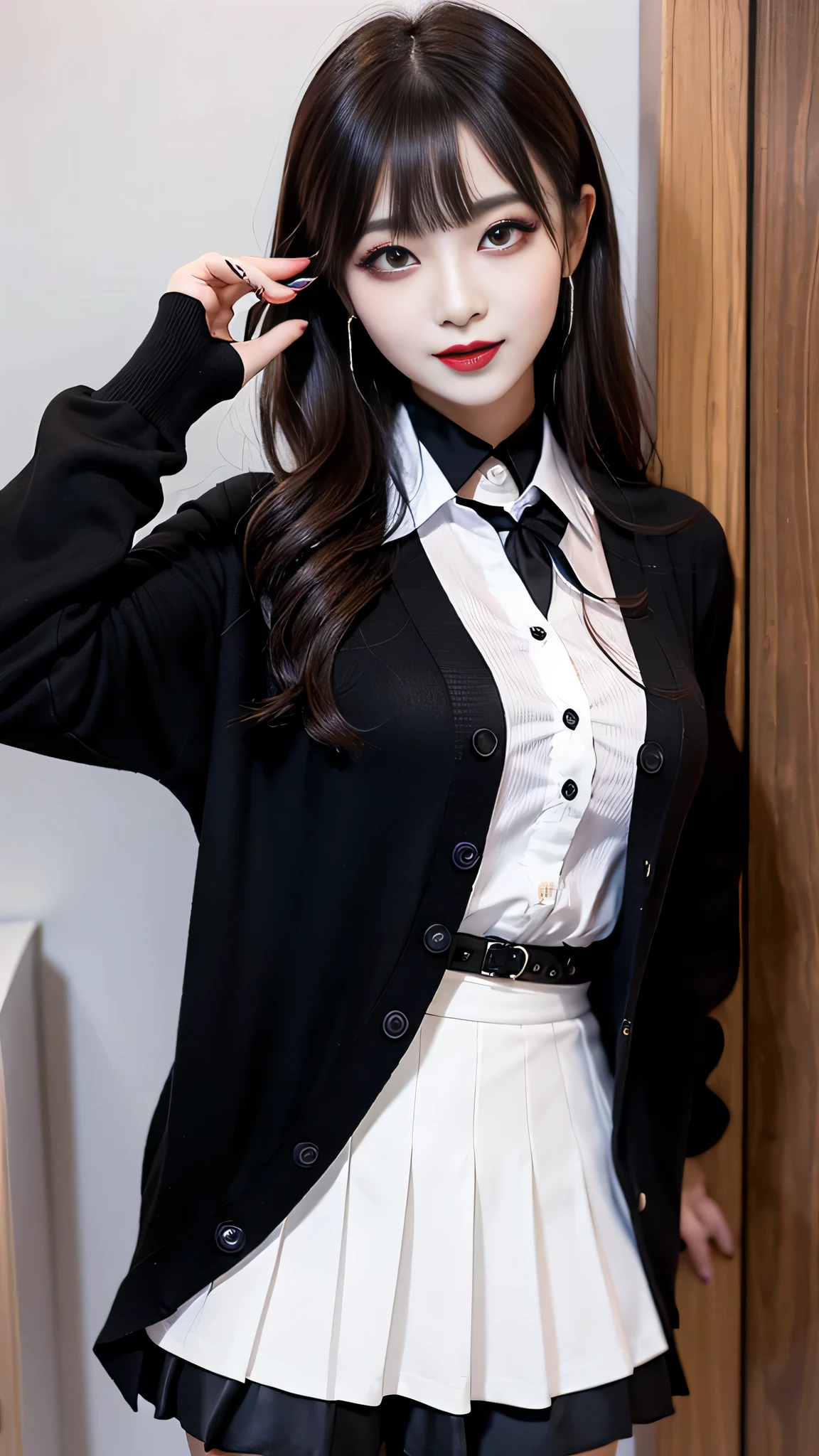 best quality、ultra-detailed、4k、Japanese、Seductive beauty、seductive adult woman、Pretty Woman、cool girl、Villainess、Brainwashed、brainwash、Fallen into evil、smirk、Evil look、Wicked Smile、evil、Brown hair、wavy hair、swept bangs、dark makeup、dark makeup、piercing eyes、hollow eyes,half-closed eyes、Hollow Eyes、purple Eyeshadow、black lipstick、black lipglos、student、uniform、Black cardigan、White Shirt、Black Ribbon、flare skirt、pantyhose、night、inside darkroom、Applying lipstick、Emblem of Evil、Crest of Darkness、Swear allegiance、I have pledged my allegiance、Dye black、Blackening、Stained with evil、Dyed in darkness、Seduce