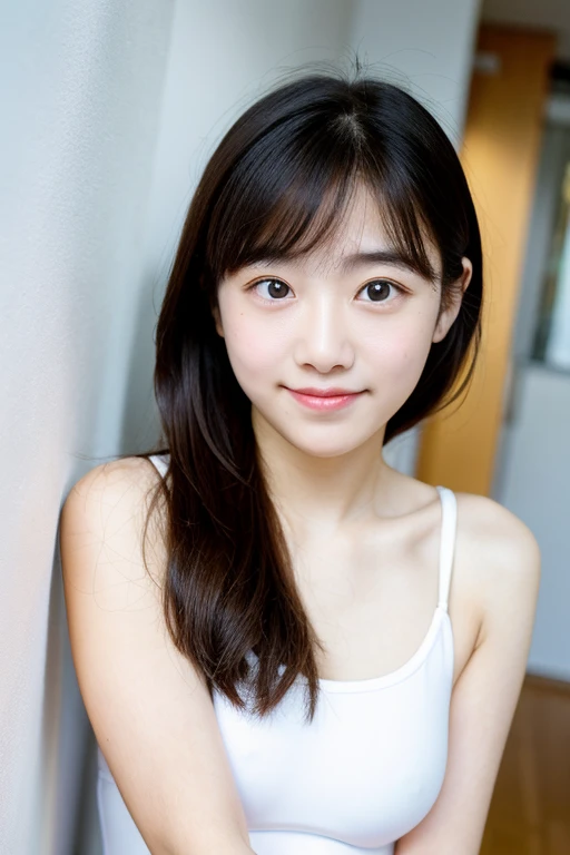 Real, highest quality, girl, high school girl, high resolution, natural skin, portrait, looking at camera, Photo_Light, {{}}, Ulzzang-6500-v1.1:0.8 Forward facing, upright, no makeup, inorganic white wall indoors In front of her, big eyes, swimsuit, smile