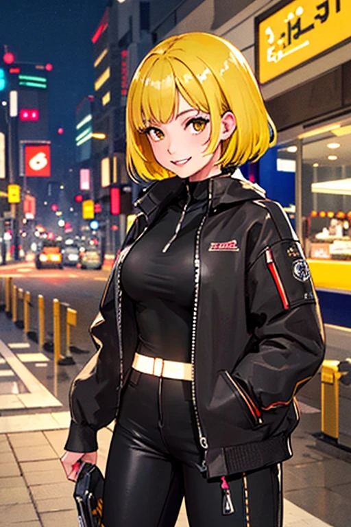 ((masterpiece)), (((best quality))), chromatic lighting,
colorized, yellow + black limited color palette,
detailed concept drawing,
Shibuya street girl, cyberpunk, futuristic,
portrait, 20yo 1girl, medium soft breasts, slender, jacket, combat-pants, short yellow hair, brown eyes, at a fast-food, Happy smiling, no weird objects or colors on her face.