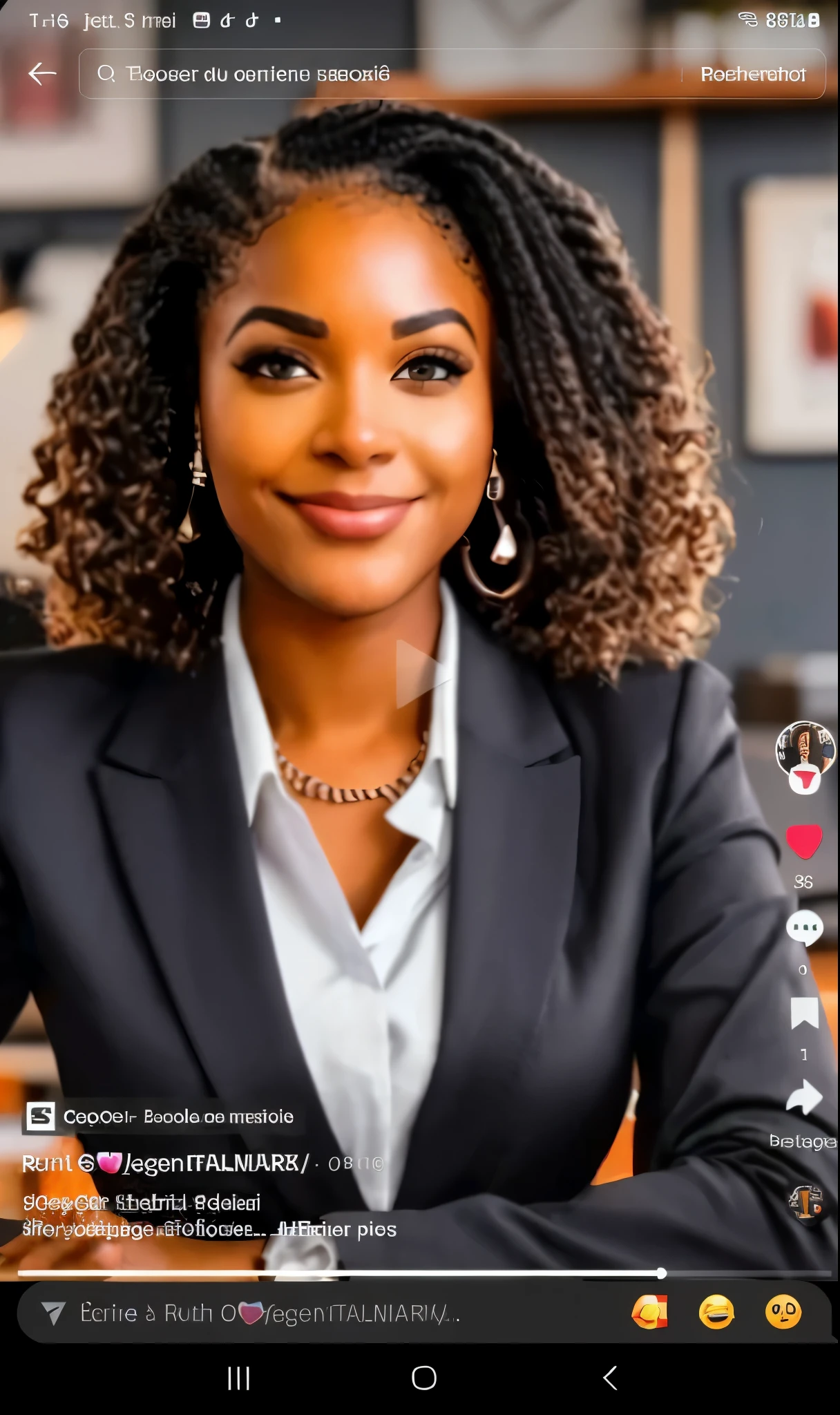 une illustration d'une nigerainne brun porter une tenue professionnelle, comprenant un blazer noir et ce qui semble être une chemise ou un chemisier blanc en dessous. The background of the displayed photo is an interior setting that resembles an office or conference room