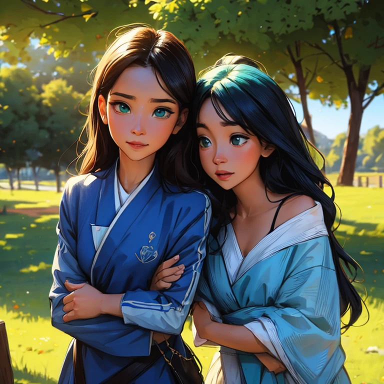 Genera un dibujo de dos chicas con aura azul y jade