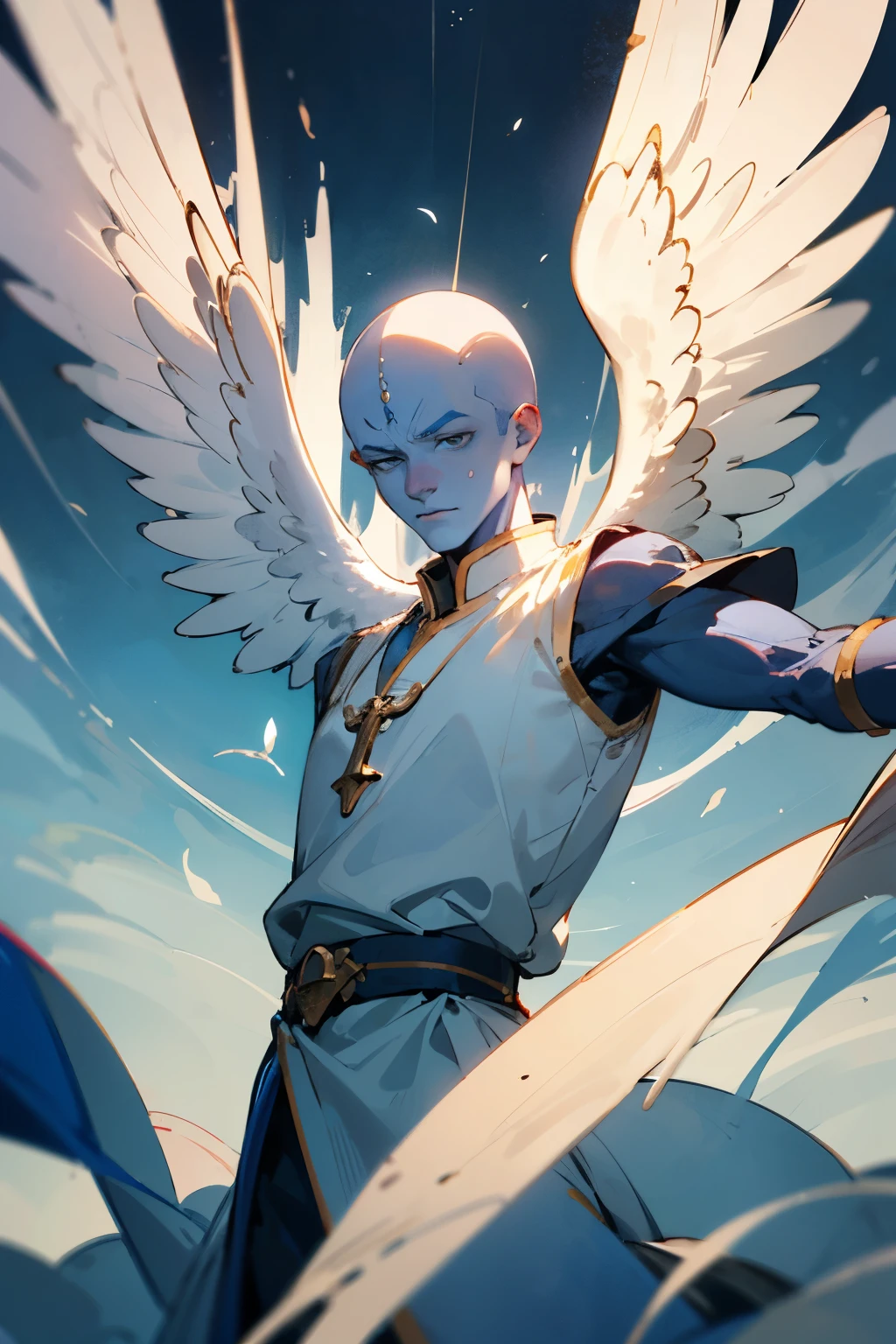 ((best quality)), ((masterpiece)), (detailed), bald male, older, blue tinted skin, angelic, cleric, floating, arms open
