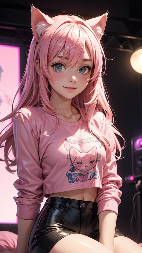 (high resolution, upper body, soft skin:1.2),(best illustration,masterpiece:1.2),ultra-detailed,[(cat ears ,pink inside:1.2),vivid colors,sharp focus,portrait,studio lighting,bokeh, wearing a anime shirt, pink leather jacket, pink latex mini shorts, smiling, rock concert background, sitting 