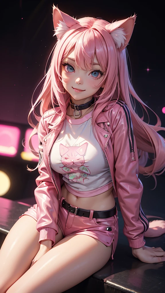 (high resolution, upper body, soft skin:1.2),(best illustration,masterpiece:1.2),ultra-detailed,[(cat ears ,pink inside:1.2),vivid colors,sharp focus,portrait,studio lighting,bokeh, wearing a anime shirt, pink leather jacket, pink latex mini shorts, smiling, rock concert background, sitting 