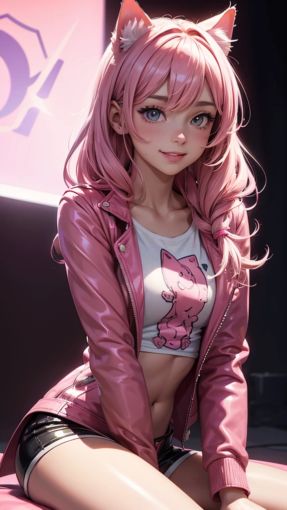 (high resolution, upper body, soft skin:1.2),(best illustration,masterpiece:1.2),ultra-detailed,[(cat ears ,pink inside:1.2),vivid colors,sharp focus,portrait,studio lighting,bokeh, wearing a anime shirt, pink leather jacket, pink latex mini shorts, smiling, rock concert background, sitting
