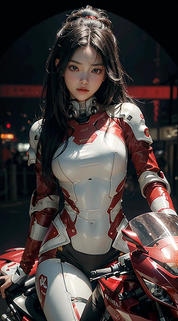 Highest image quality, outstanding details, ultra-high resolution, (realism: 1.4), the best illustration, favor details, highly condensed 1girl, with a delicate and beautiful face, ((dressed in a red mecha)), with long straight black hair holding a directional controller, riding on a motorcycle, the background is a high-tech lighting of bioluminescence scene of the future city.