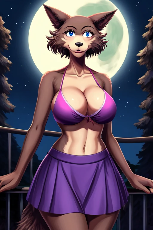 Beastars art style, beastars, Juno, brown wolf, she Wolf, 1girl, furry, long curly brown fur, slim figure, blue eyes, wide hips, Big breasts, purple skirt, pink bikini top, cleavage, night time, woods
