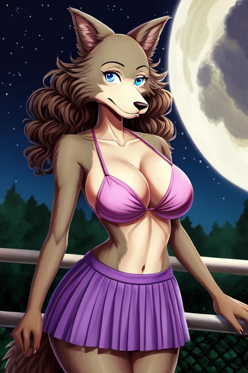 Beastars art style, beastars, Juno, brown wolf, she Wolf, 1girl, furry, long curly brown fur, slim figure, blue eyes, wide hips, Big breasts, purple skirt, pink bikini top, cleavage, night time, woods