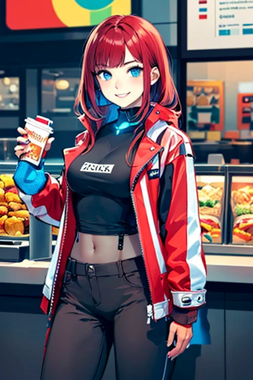 ((masterpiece)), (((best quality))), chromatic lighting,
colorized, red + white limited color palette, 
detailed concept drawing,
Shibuya street girl, cyberpunk, futuristic,
portrait, 20yo 1girl, medium soft breasts, slender, jacket, combat-pants, red hair, blue eyes,  at a fast-food restaurant, Happy smiling, no weird objects or colors on her face.
