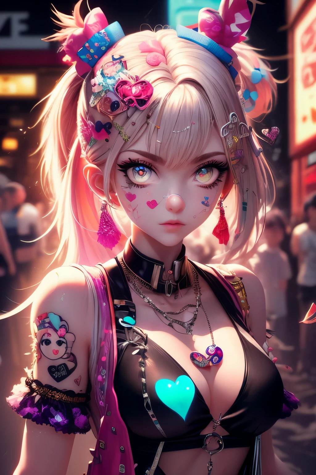 This is a Harajuku street-style masterpiece with extreme detail. Generate a trendy ((decora)) cyberpunk woman (standing) in the colorful and chaotic streets of Akihabara, Tokyo in the style of decora street style. The woman's decora and Harajuku street clothes are vibrant, with a mix of textures, neon colors, and inventive layering. Include oversized accessories like cute heart stickers on the woman's face, colorful hair clips and ribbons in different colors and sizes, and dynamic jewelry. (Her eyes are important) and should be symmetrical and detailed with interesting coloring and patterns. Include (iridescence) and (shimmer), glittering light, glowing neon signs, LED lights, (ultra detailed), dynamic composition