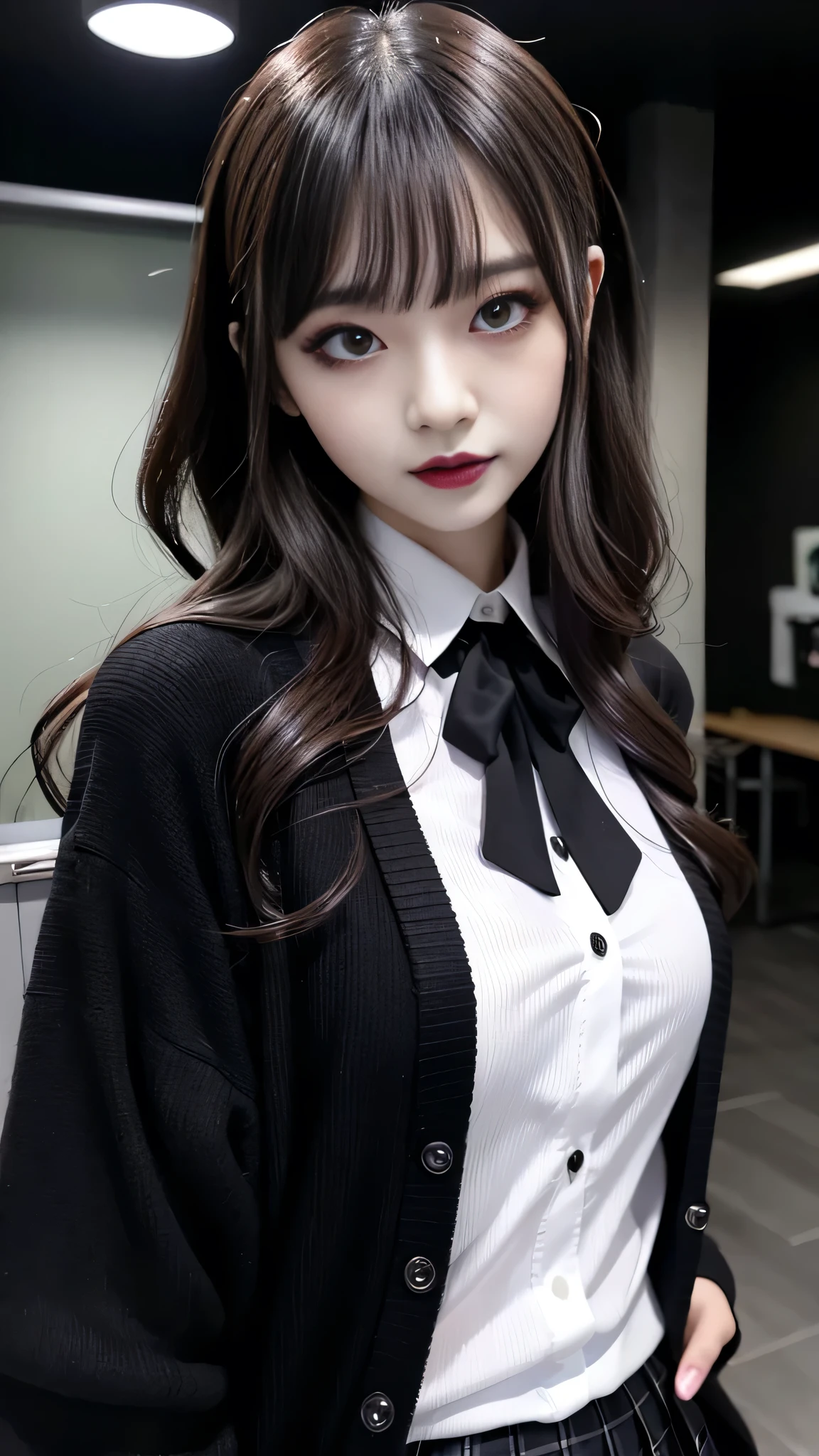 best quality、ultra-detailed、4k、Japanese、Seductive beauty、seductive adult woman、Pretty Woman、cool girl、Villainess、Brainwashed、brainwash、Fallen into evil、smirk、Evil look、Wicked Smile、evil、Brown hair、wavy hair、swept bangs、dark makeup、dark makeup、piercing eyes、hollow eyes,half-closed eyes、Hollow Eyes、purple Eyeshadow、black lipstick、black lipglos、student、uniform、Black cardigan、White Shirt、Black Ribbon、flare skirt、pantyhose、night、inside darkroom、Applying lipstick、Emblem of Evil、Crest of Darkness、Swear allegiance、I have pledged my allegiance、Dye black、Blackening、Stained with evil、Dyed in darkness、Seduce