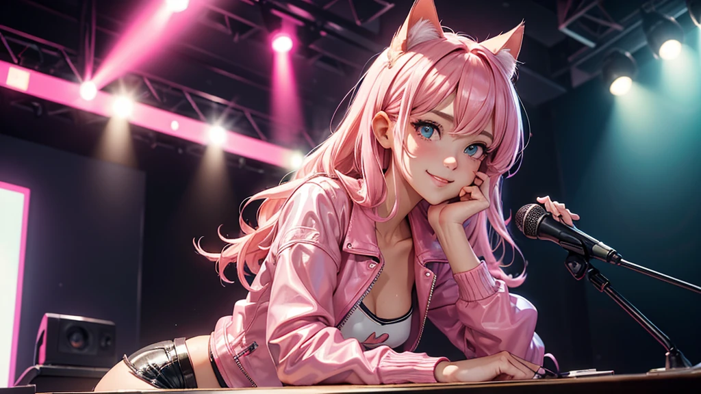 (high resolution, upper body, soft skin:1.2),(best illustration,masterpiece:1.2),ultra-detailed,[(cat ears ,pink inside:1.2),vivid colors,sharp focus,portrait,studio lighting,bokeh, wearing a anime shirt, pink leather jacket, pink latex mini shorts, smiling, rock concert background, sitting