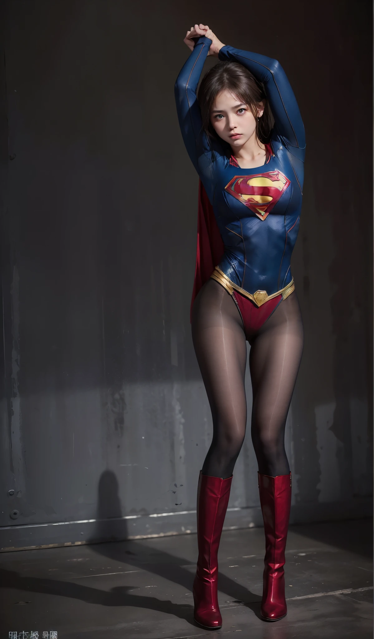 No background、She always has her mouth open、She always looks distressed、Always close your eyes、Keep your arms up at all times、Always with your arms in the air、(((Beautiful legs in black tights.)))、(((Stretch your legs、expensive、あなたのsufferingを合法的に表現する)))、((((Make the most of your original images)))、(((Supergirl Costume)))、(((Beautiful hairstyle)))、(((suffering)))、(((Black tights legs、Wear red boots)))、((Best image quality、8k))、((highest quality、8k、masterpiece:1.3))、(((Preserve background )))、Sharp focus:1.2、Beautiful woman with perfect figure:1.4、Slim Abs:1.2、Wet body:1.5、Highly detailed face and skin texture、8k