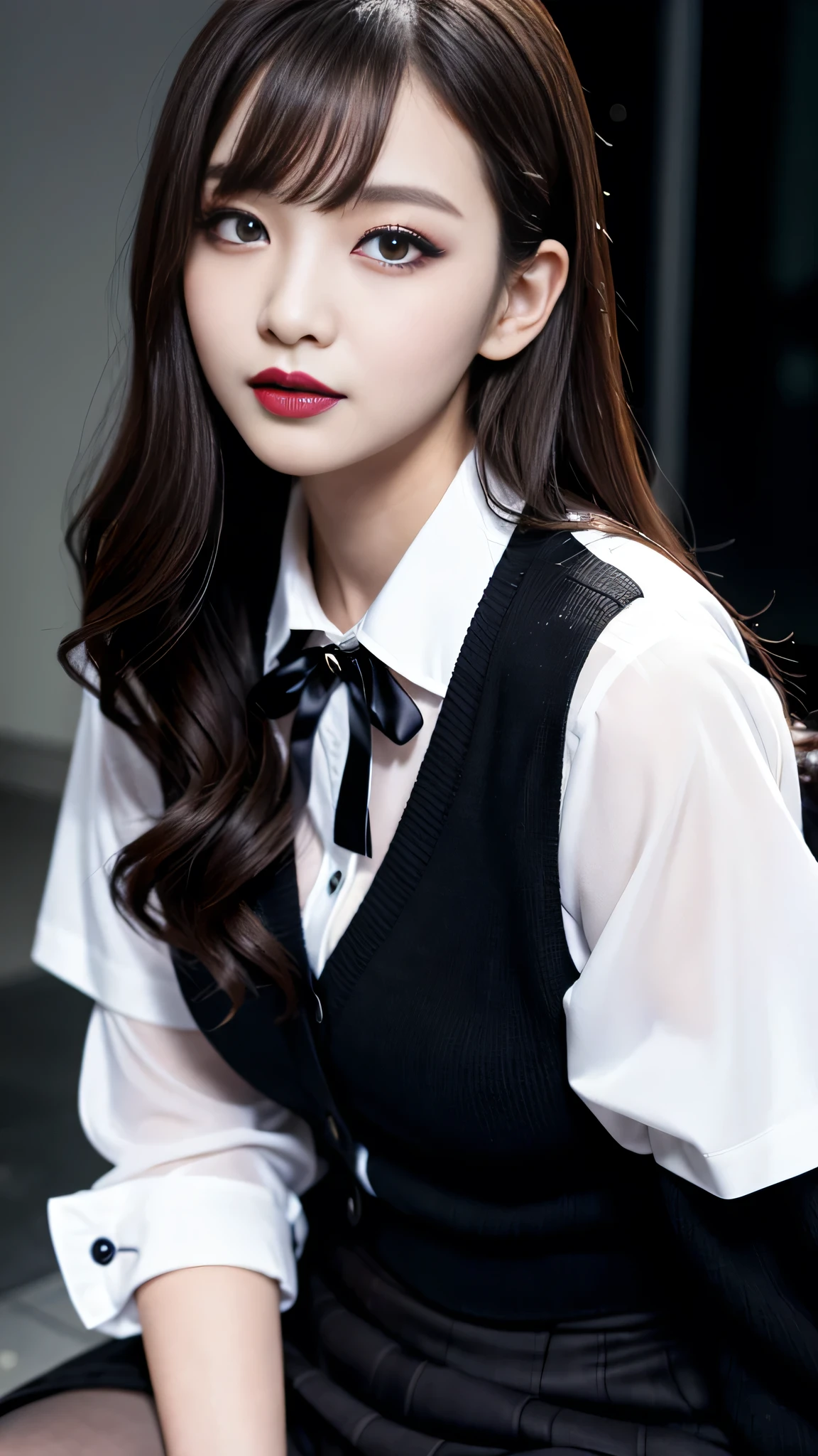 best quality、ultra-detailed、4k、Japanese、Seductive beauty、seductive adult woman、Pretty Woman、cool girl、Villainess、Brainwashed、brainwash、Fallen into evil、smirk、Evil look、Wicked Smile、evil、Brown hair、wavy hair、swept bangs、dark makeup、dark makeup、piercing eyes、hollow eyes,half-closed eyes、Hollow Eyes、purple Eyeshadow、black lipstick、black lipglos、student、uniform、Black cardigan、White Shirt、Black Ribbon、flare skirt、pantyhose、night、inside darkroom、Applying lipstick、Emblem of Evil、Crest of Darkness、Swear allegiance、I have pledged my allegiance、Dye black、Blackening、Stained with evil、Dyed in darkness、Seduce