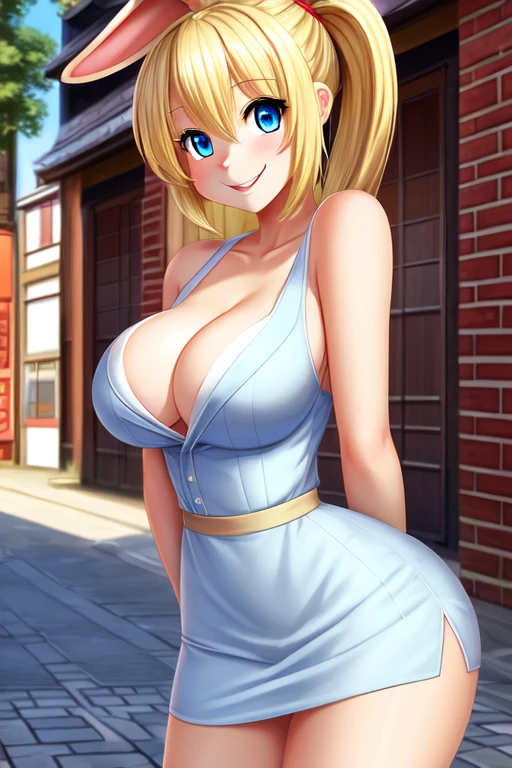 Rabbit girl High school student, solo, female, blonde hair, blue eyes, smiling, big breasts, cleavage, slim, small waist, small hips, japanese city, brick road, hands behind back, happy, looking at viewer, high quality