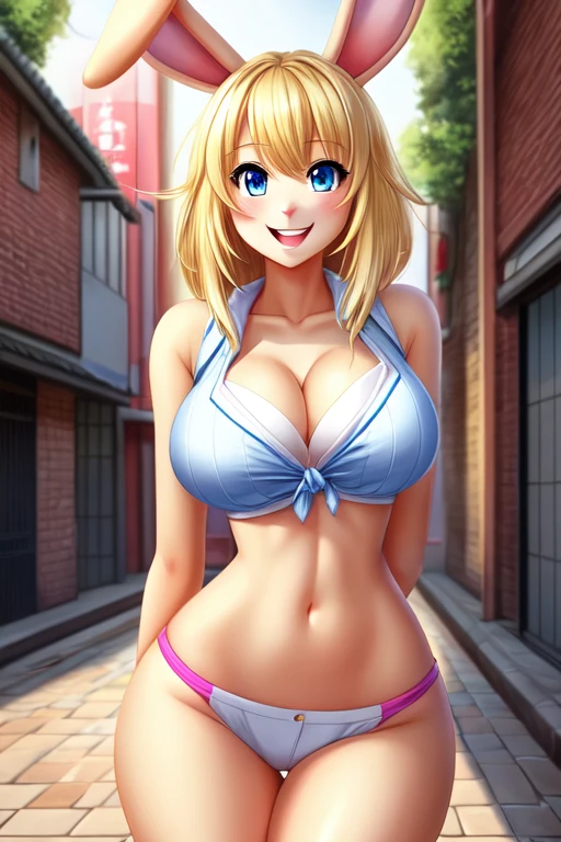 Rabbit girl High school student, solo, female, blonde hair, blue eyes, smiling, big breasts, cleavage, slim, small waist, small hips, japanese city, brick road, hands behind back, happy, looking at viewer, high quality