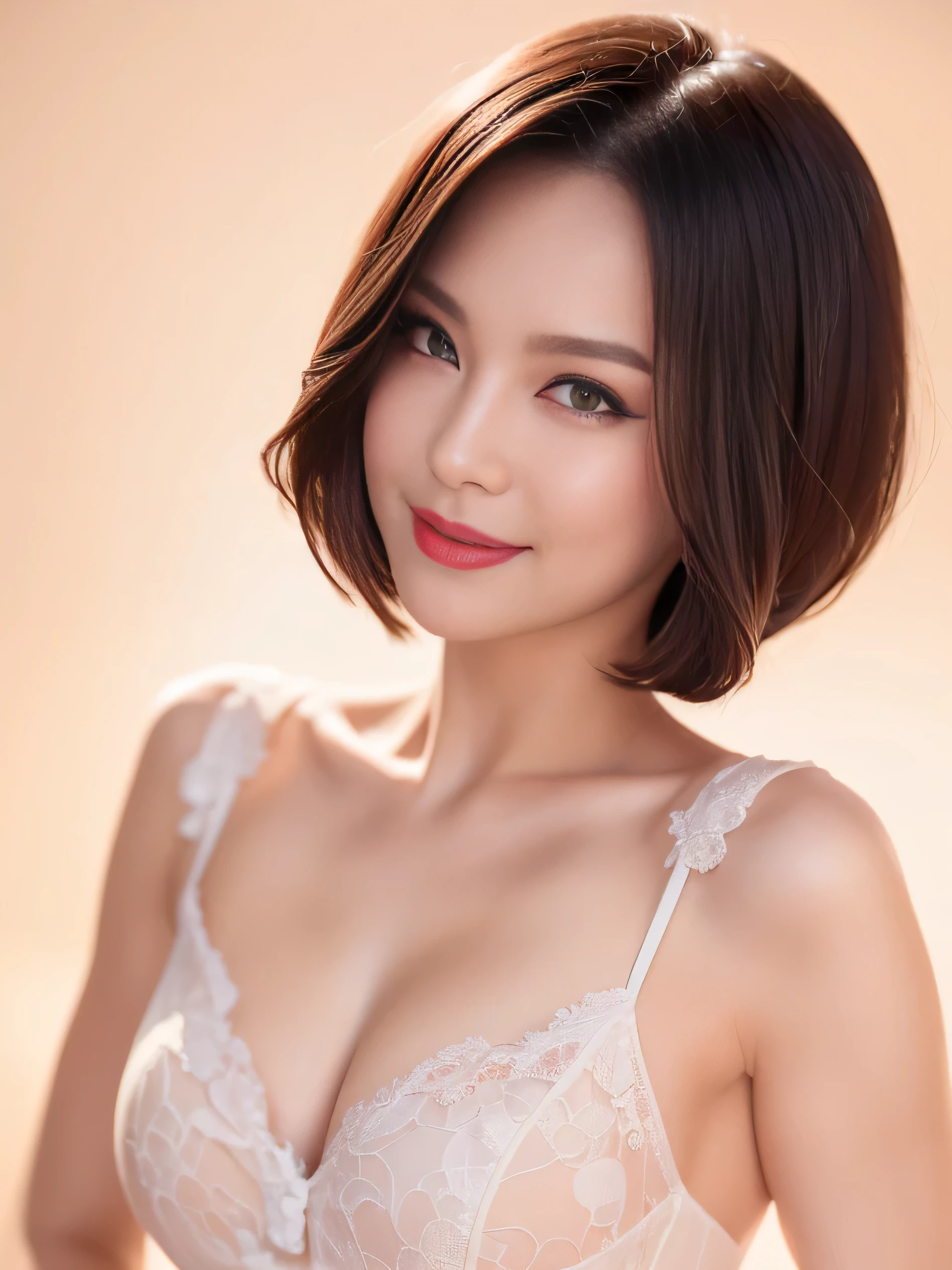 ((highest quality、8k resolution、Masterpiece、Professional photography)), Photorealistic, (Still beautiful at 50:1.3), (Wrinkled face:1.2)、(Elegant white and pink lace outfit:1.1)、(Simple background in a single color:1.1)、Wrinkles around the eyes,Standing Elegantly、(Plump and soft body、clavicle)、The most elegant and beautiful hairstyles、Romantic evening、(A sad smile is looking at me:1.2)、Beautifully shaped breasts、Small Valley、Perfect Makeupアップ,Dark red lipstick,Perfect Makeup,eye shadow、Long eyelashes、Romantic lighting、Very moody and romantic、(Ultra high definition white skin)、Blurred Background、Feelings of love、（Short black hair：1.2）