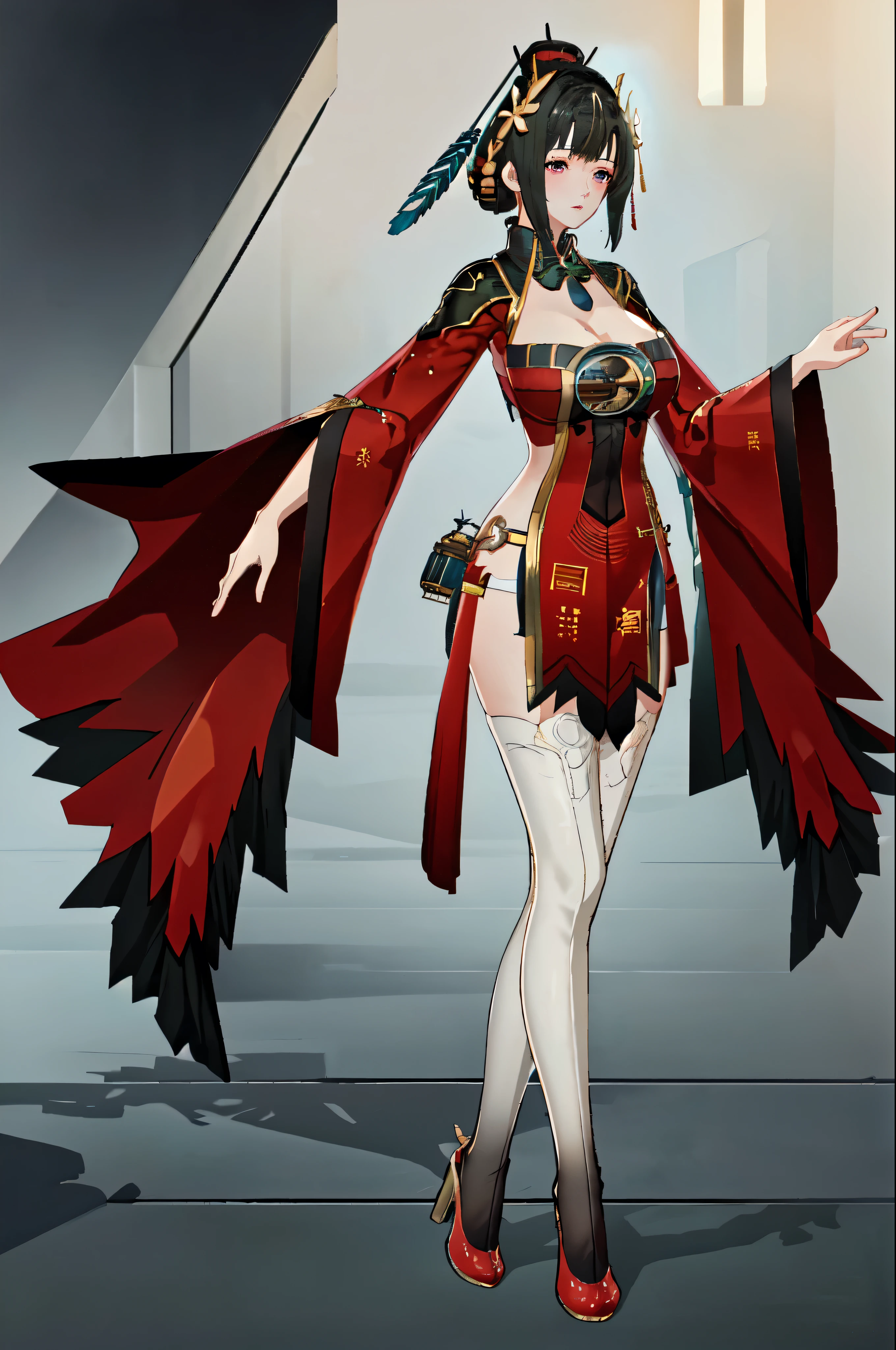 masterpiece, best quality BREAK solo, jianlingguimeng, china dress, highres, 1girl, standing, (large breasts), mature female, hanying, Full body drawing, (masterpiece), (best quality), (hyperdetail), (illustration), ((extremely delicate and beautiful)), (detailed light), (prefect's body), full body drawing, Hanying, HanYing