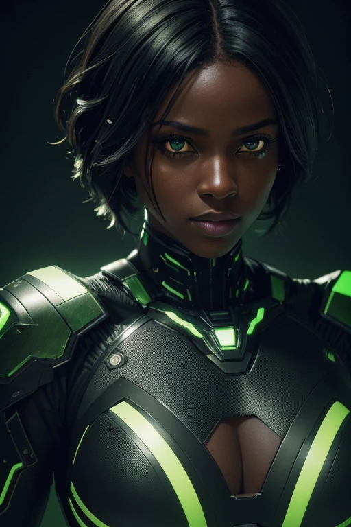 (best quality,4k,8k,highres,masterpiece:1.2), ultra-detailed, (realistic,photorealistic,photo-realistic:1.37), dark-skinned female cyborg, black hair, cut hair, black and green outfit, vibrant colors, glowing lights, futuristic concept art, metallic textures, sharp focus, dynamic composition, dramatic lighting, sideral space