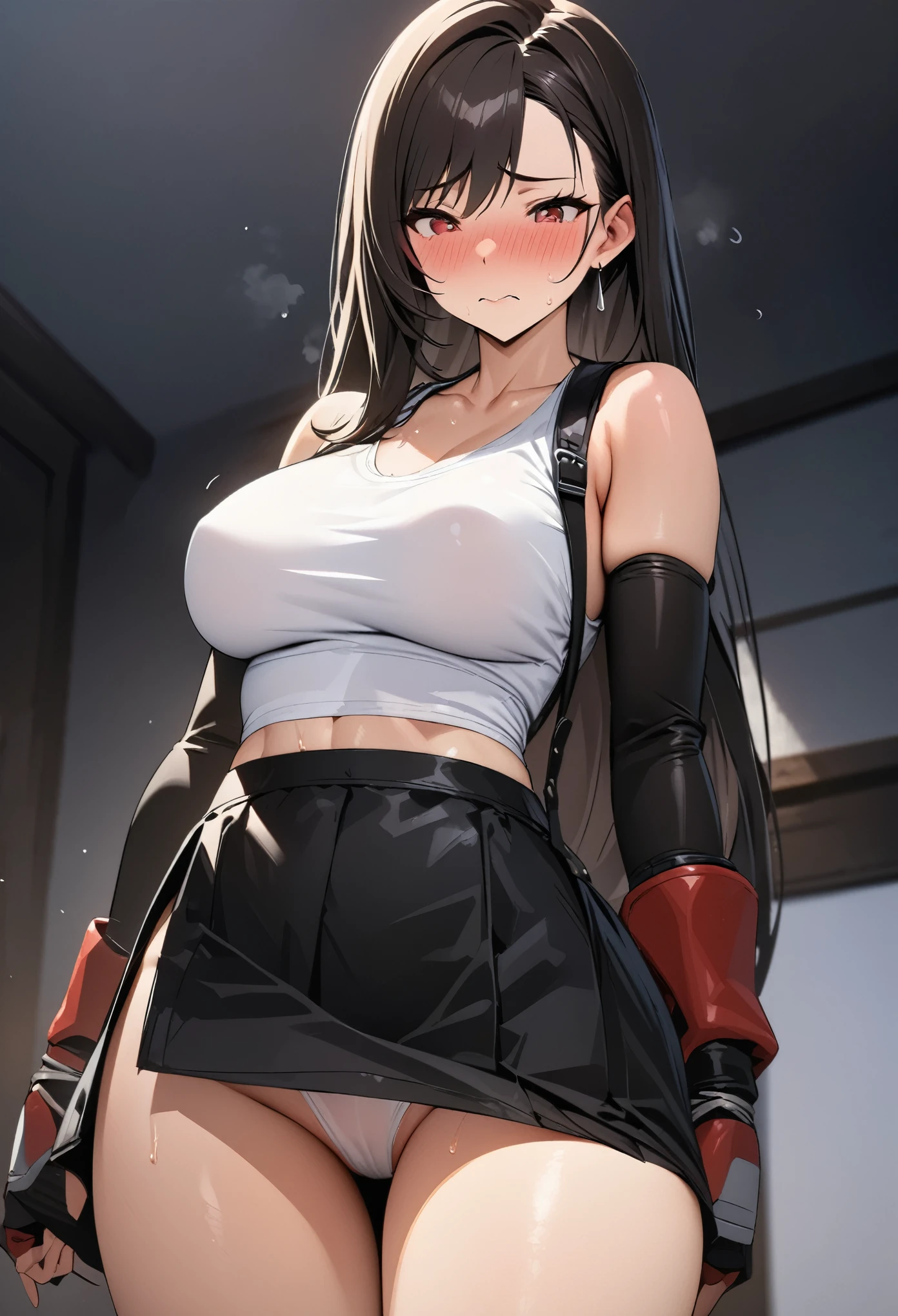 masterpiece, best quality, perfect anatomy, 4k resolution, (Tifa Lockhart), accidentally showing up skirt, blushing, embarrassed