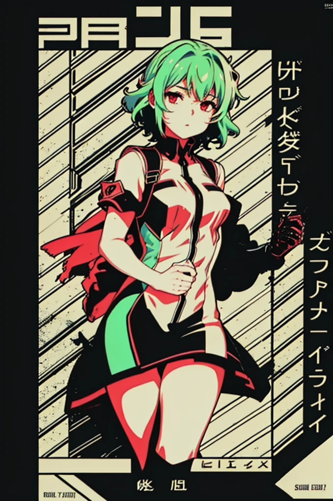 Teenage girl with short wavy pastel green hair, big red eyes, full lips, soft skin, hard gaze, with a hero aura.