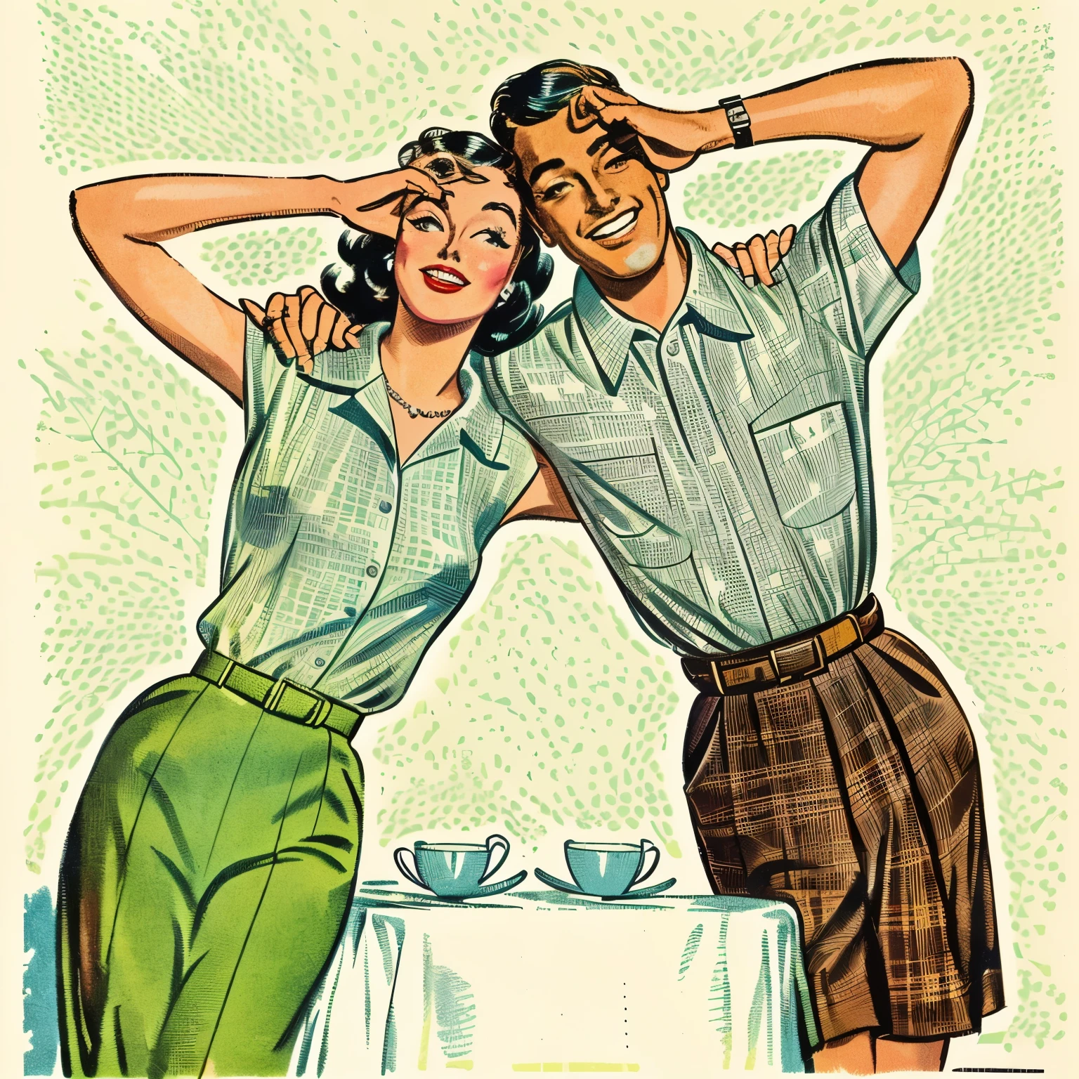 arafed image of a man and woman posing for a picture, 1950s illustration style, by Hugh Hughes, vintage magazine illustration, 1 9 5 0 s style, 50s style, 5 0 s style, by Oswaldo Viteri, vintage illustration, 50s style infomercial, 1960s illustration, by John Alexander