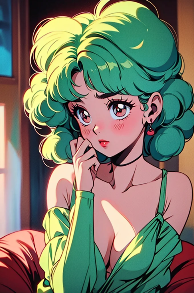 Teenage girl with short wavy pastel green hair, big red eyes, full lips, soft skin, hard gaze, with a hero aura.