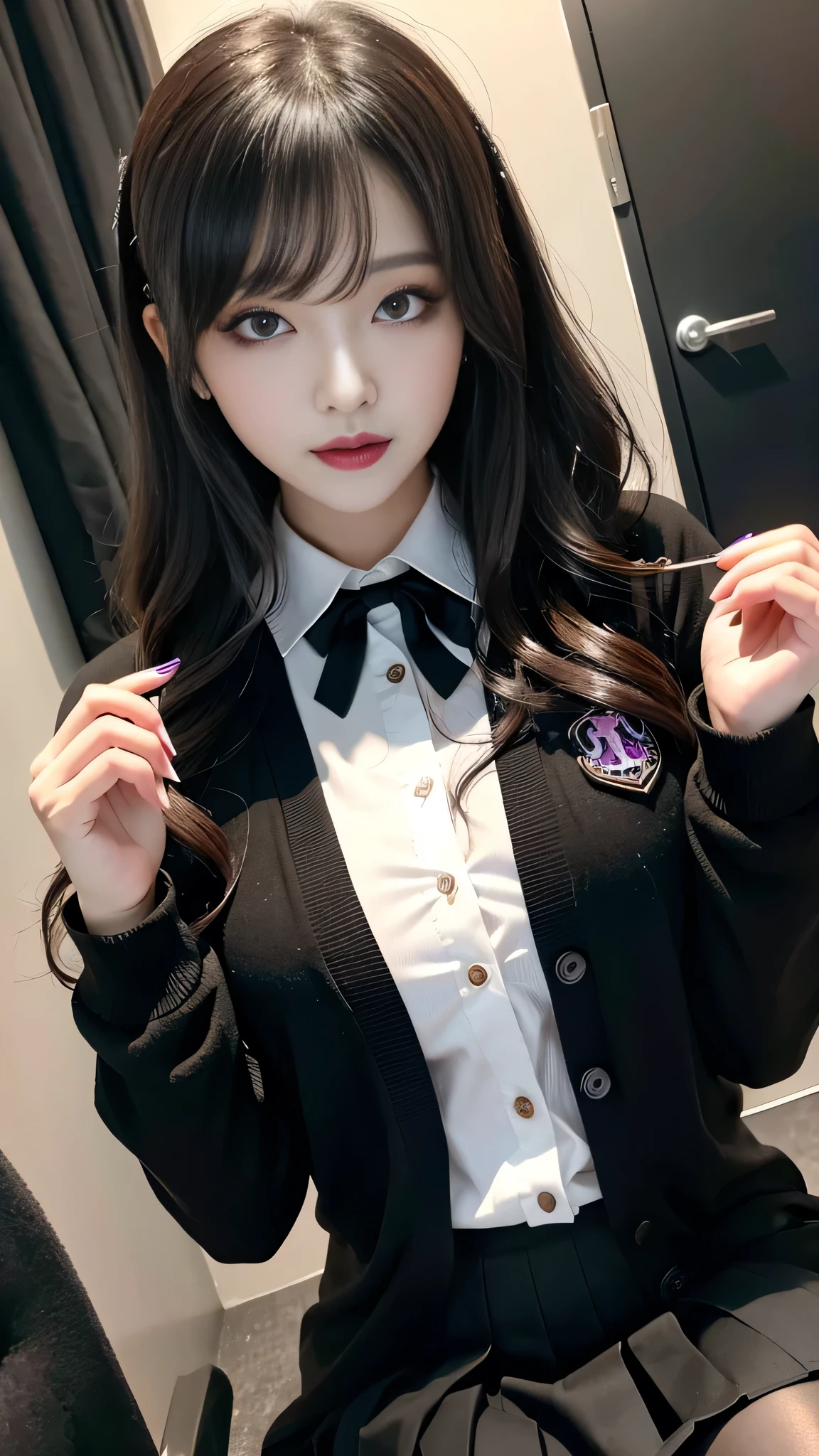 best quality、ultra-detailed、4k、Japanese、Seductive beauty、seductive adult woman、Pretty Woman、cool girl、Villainess、Brainwashed、brainwash、Fallen into evil、smirk、Evil look、Wicked Smile、evil、Brown hair、wavy hair、swept bangs、dark makeup、dark makeup、piercing eyes、hollow eyes,half-closed eyes、Hollow Eyes、purple Eyeshadow、black lipstick、black lipglos、student、uniform、Black cardigan、White Shirt、Black Ribbon、flare skirt、pantyhose、night、inside darkroom、Applying lipstick、Emblem of Evil、Crest of Darkness、Swear allegiance、I have pledged my allegiance、Dye black、Blackening、Stained with evil、Dyed in darkness、Seduce
