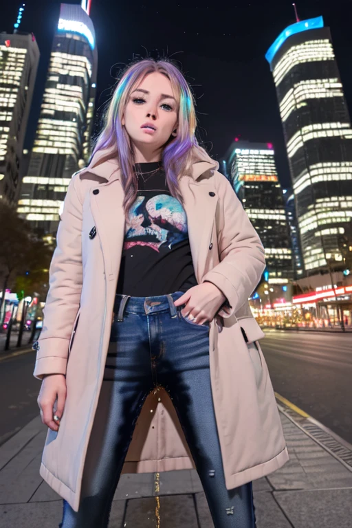 1girl,(solo:1.5),(solo focus:1.5),blonde hair,hair over one eye,hair ornament,very long hair,wavy hair,grey eyes,large breasts,desperation,standing,wetting self,peeing stain,coat,black jeans,embarrassed,humiliated,futuristic,city,neon lights,(best quality,4k,8k,highres,masterpiece:1.2),ultra-detailed,vivid colors,sharp focus,long hair flowing in the wind,(colorful skyscrapers:1.5),reflection in the wet pavement,expressions of desperation and embarrassment captured perfectly,futuristic cityscape as the background,streets lined with towering buildings,intricate details in face and hair,subtle reflections in her grey eyes,subtle blush on her cheeks,revealing her embarrassment,intricate details depicting the large pee stain on jeans